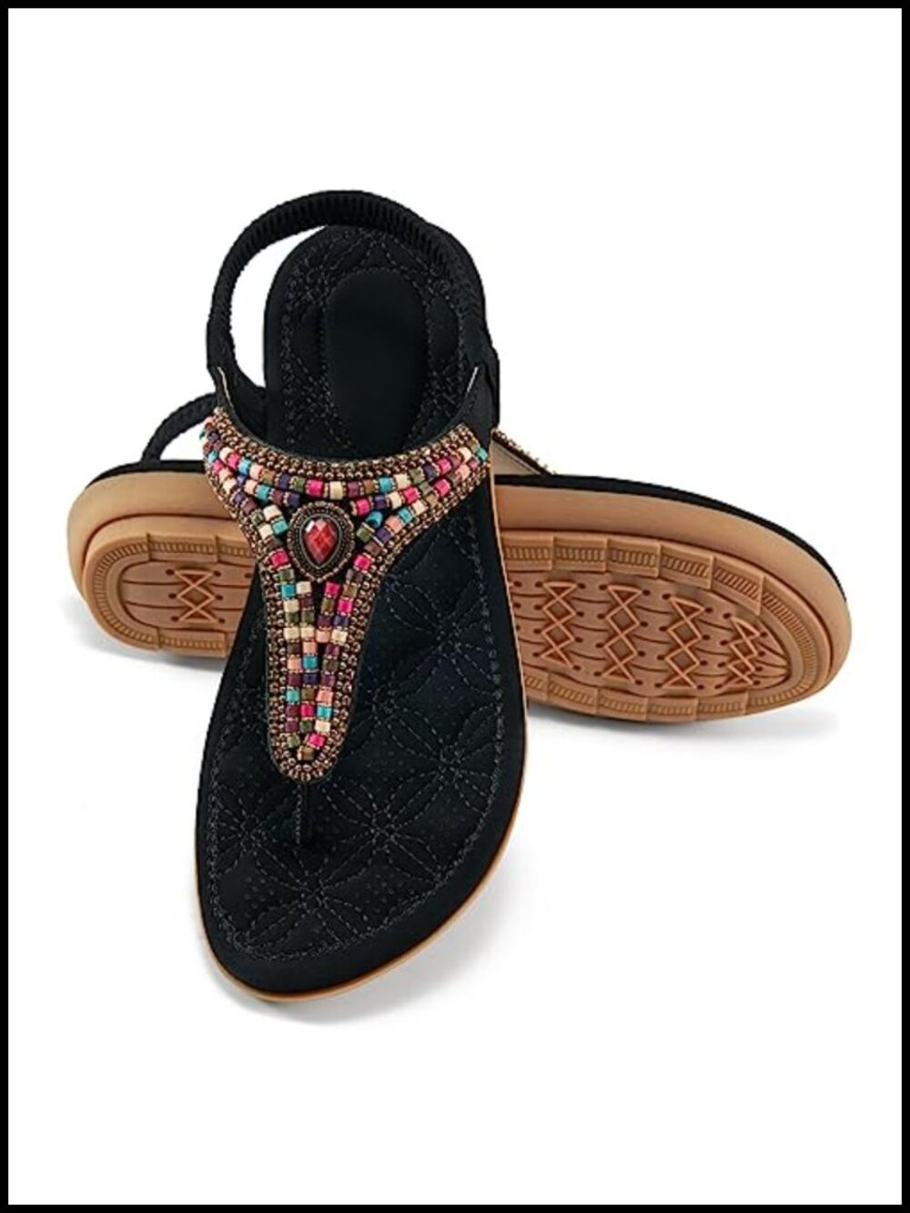 Boho Beaded Flat Sandals with Cushioned Footbed Ankle Strap